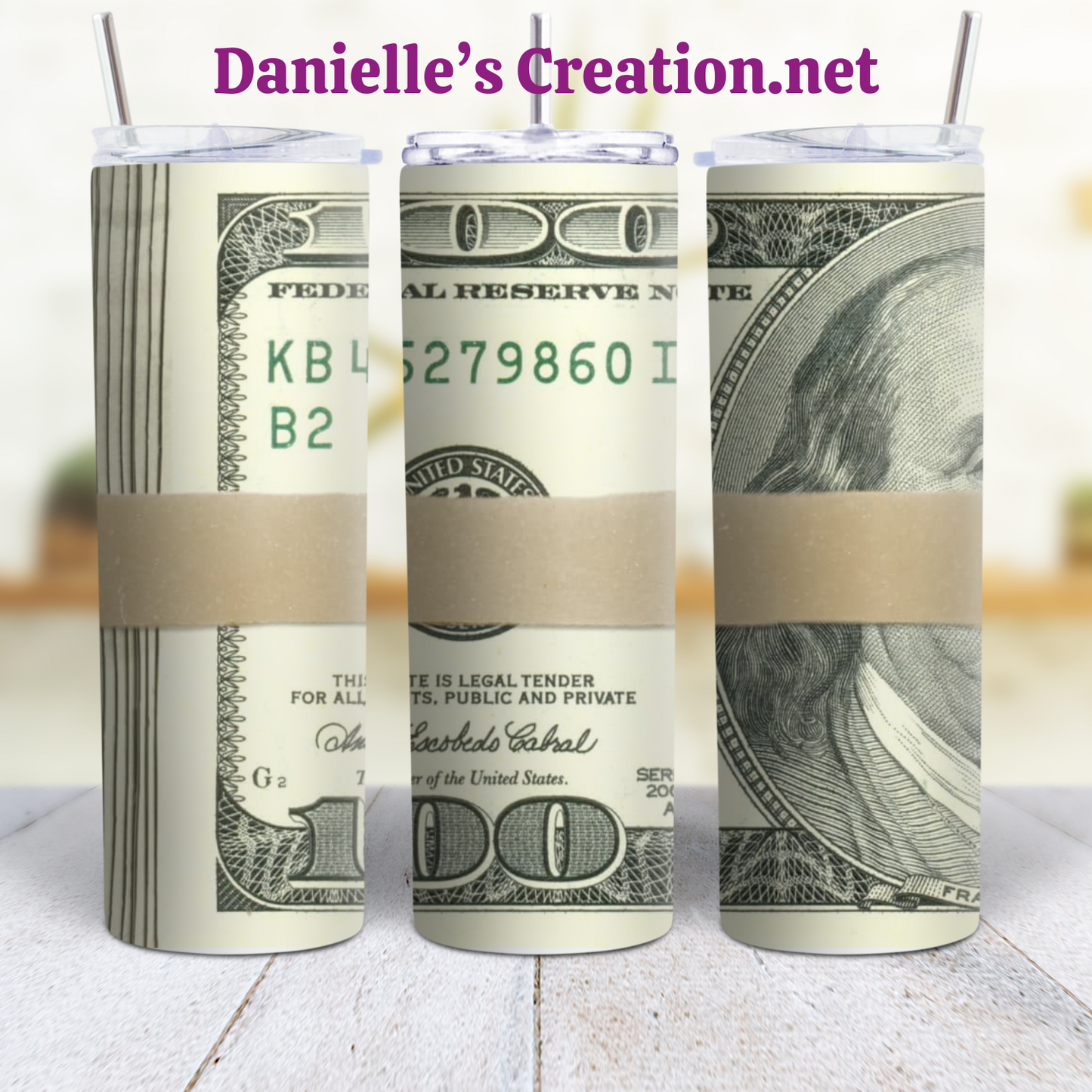 MONEY 20 oz Custom Sublimation Tumbler Stainless Steel FOOD STAMPS, 100 BILL