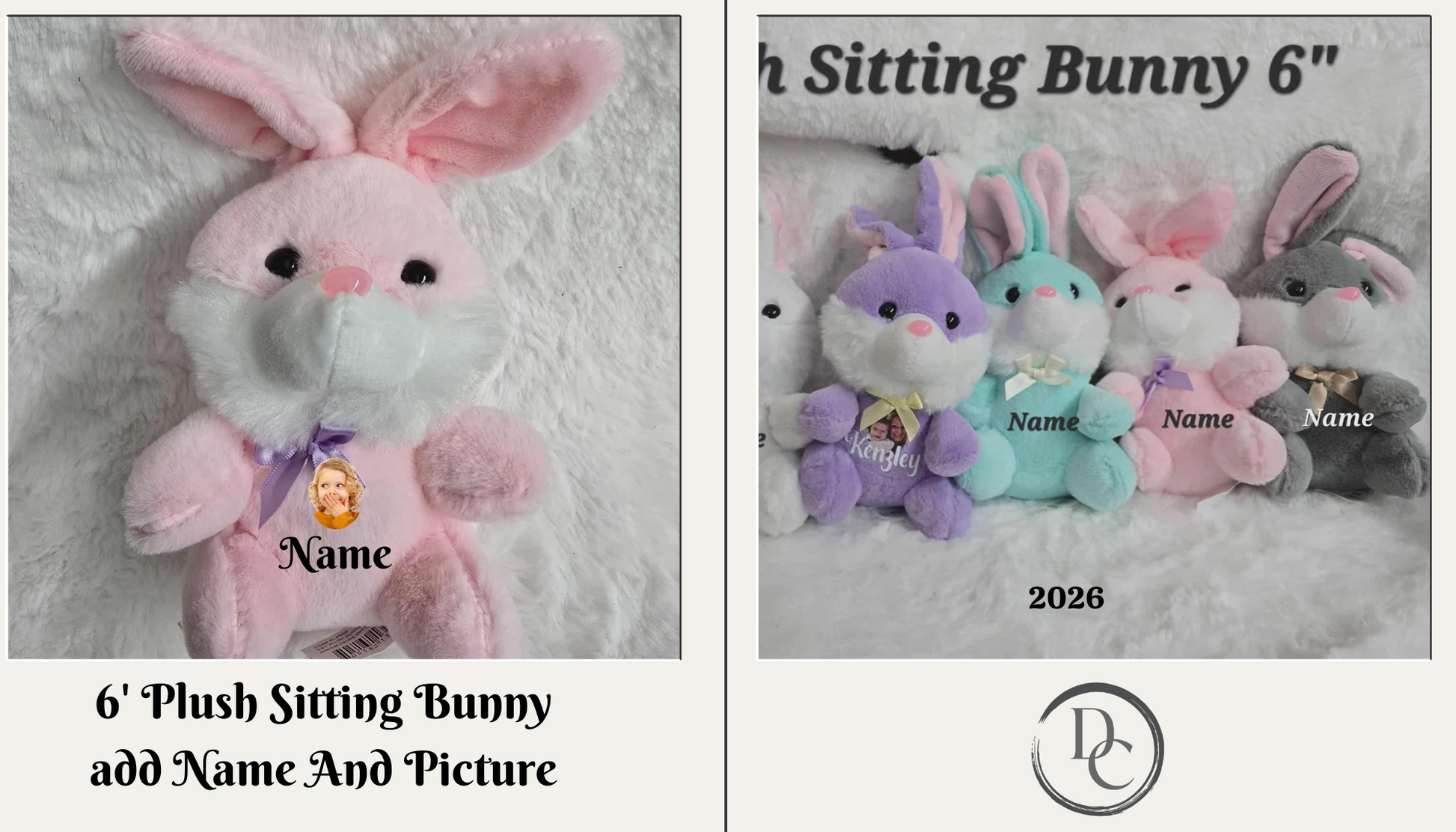 Plush sitting bunny with customizable name and picture on a white background