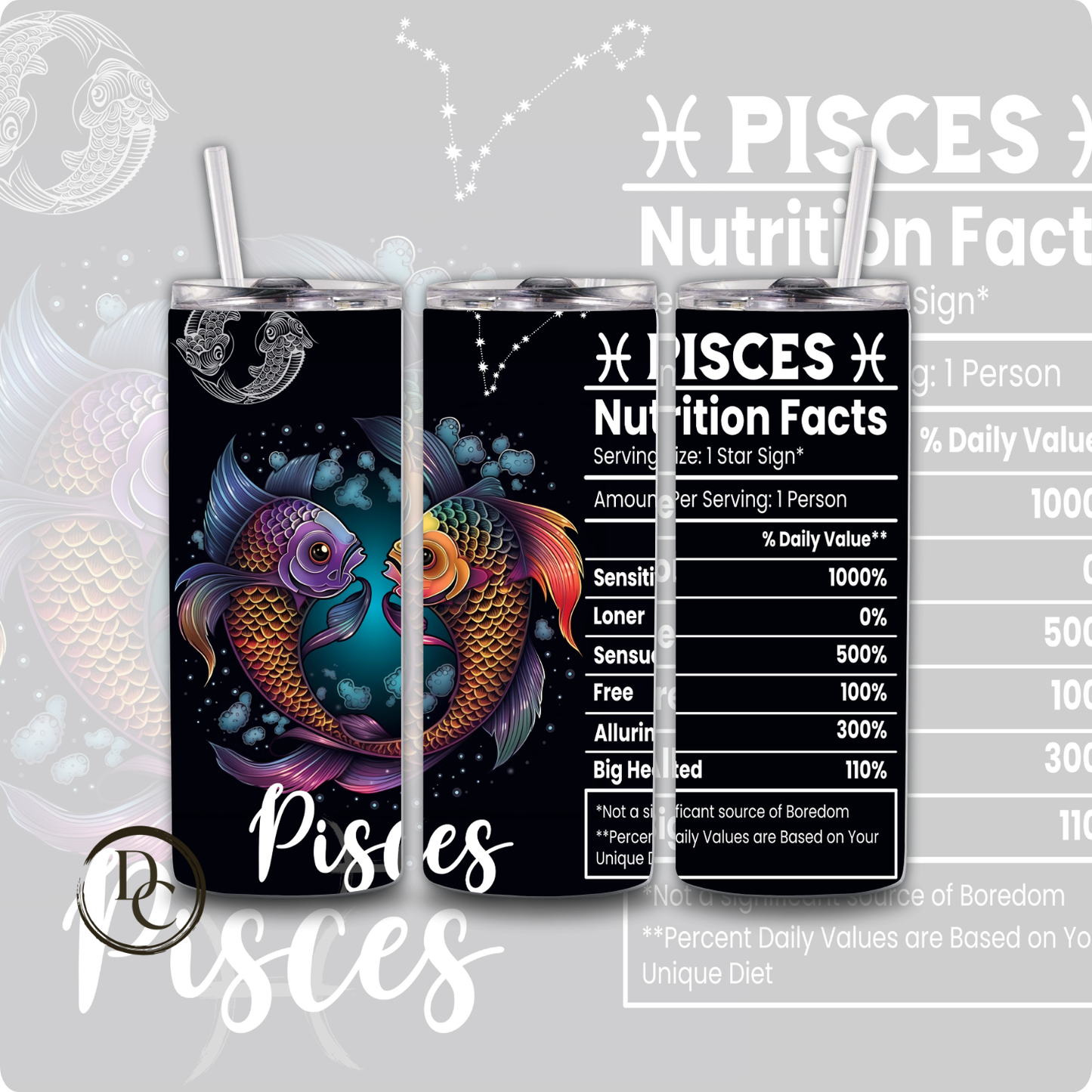 Pisces ZODIAC NUTRITION FACT 20 oz Custom Sublimation Tumbler Stainless Steel
