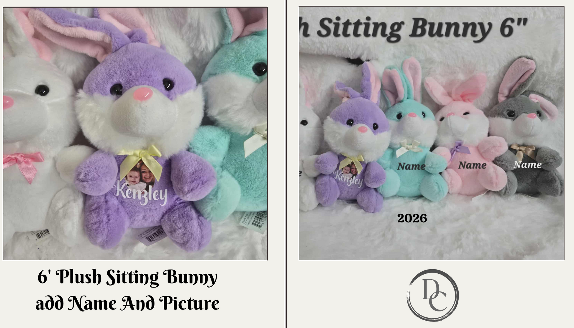Plush sitting bunnies with customizable names and pictures on a textured surface.
