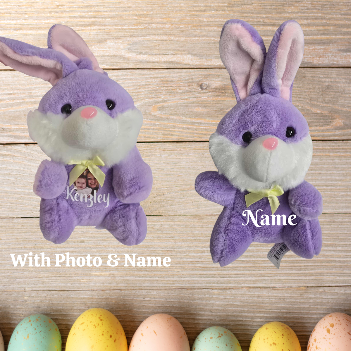 purple stuffed bunnies with a photo and name tag on a wooden surface with colorful eggs.