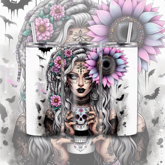 Skull Coffee Tattoo Sunflower 20 oz Custom Sublimation Tumbler Stainless Steel 15