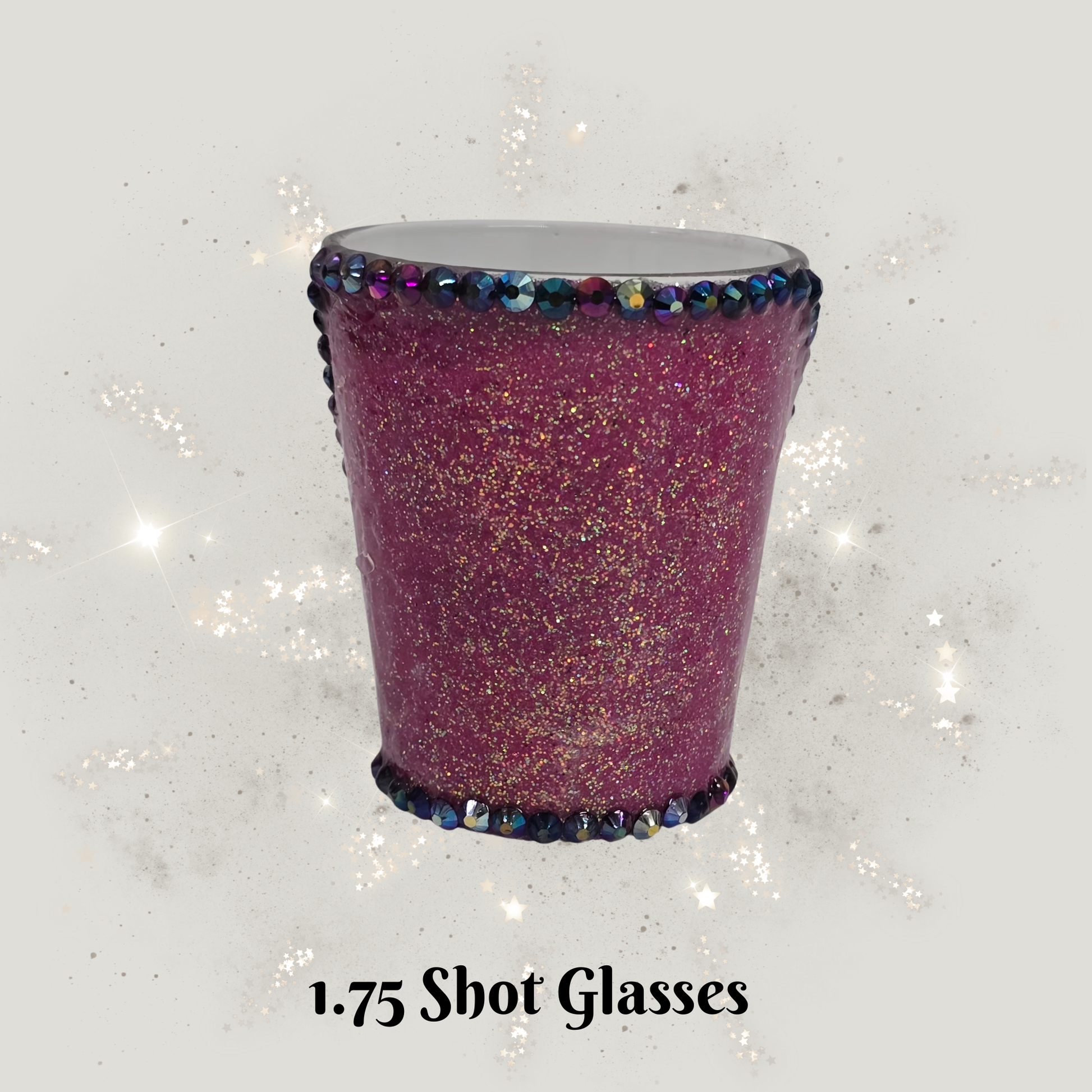 Purple glittery shot glass with decorative rim on a sparkly white background