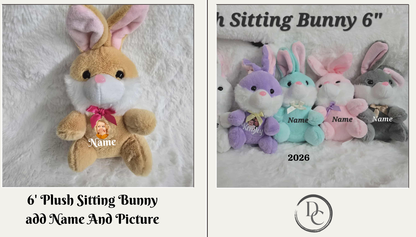Plush sitting bunny with customizable name and picture on a textured background