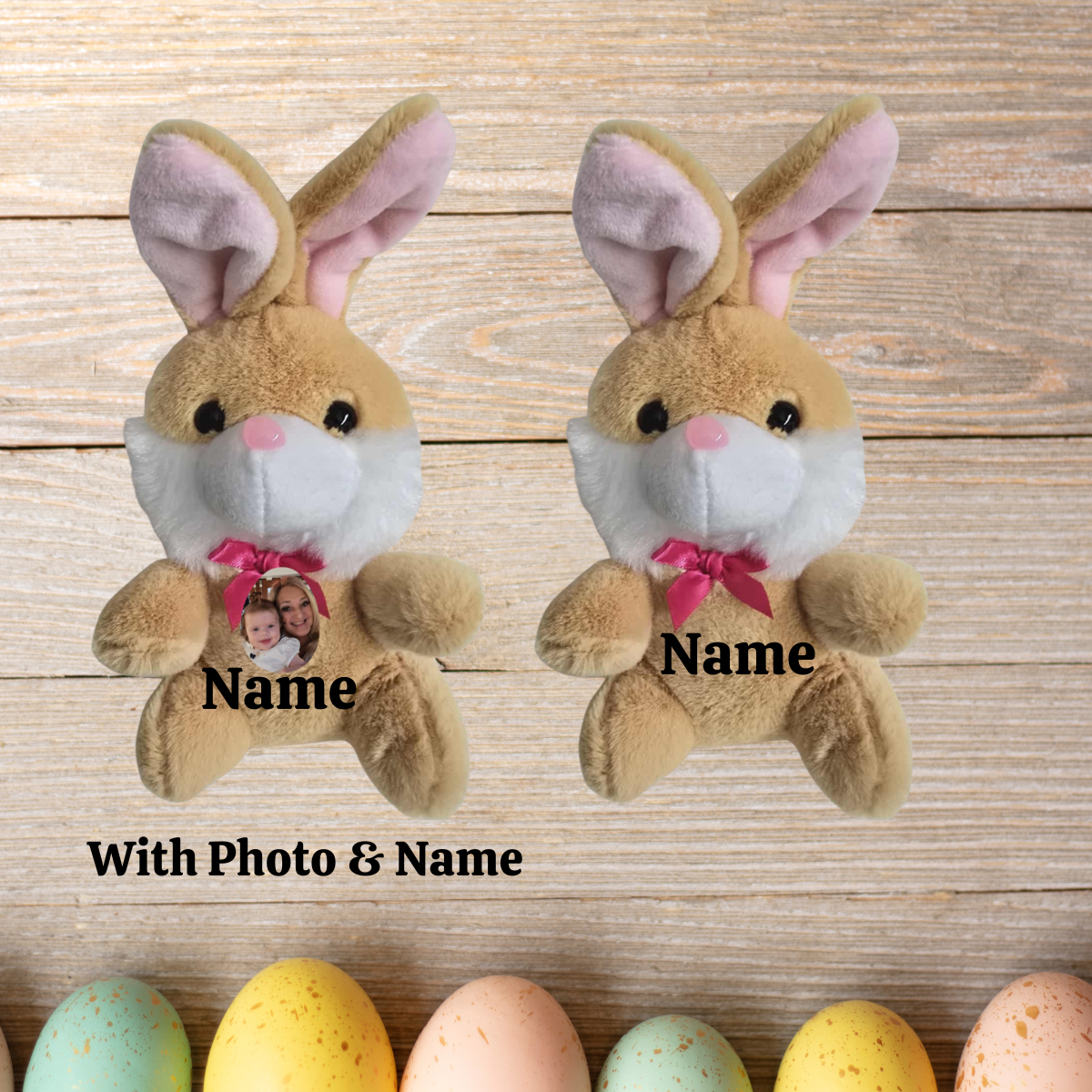 plush bunny toys with customizable name and photo on a wooden background with Easter eggs.