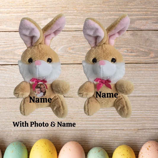 plush bunny toys with customizable name and photo on a wooden background with Easter eggs.