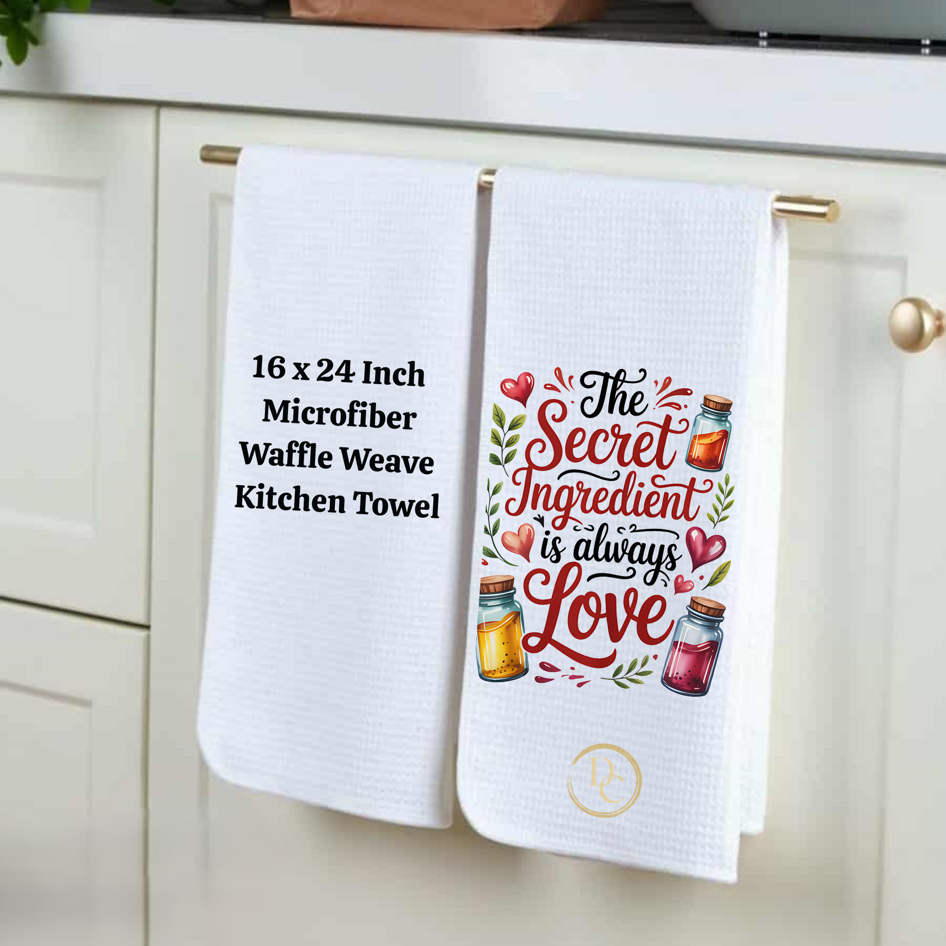 Two kitchen towels hanging on a rack with text and graphics.