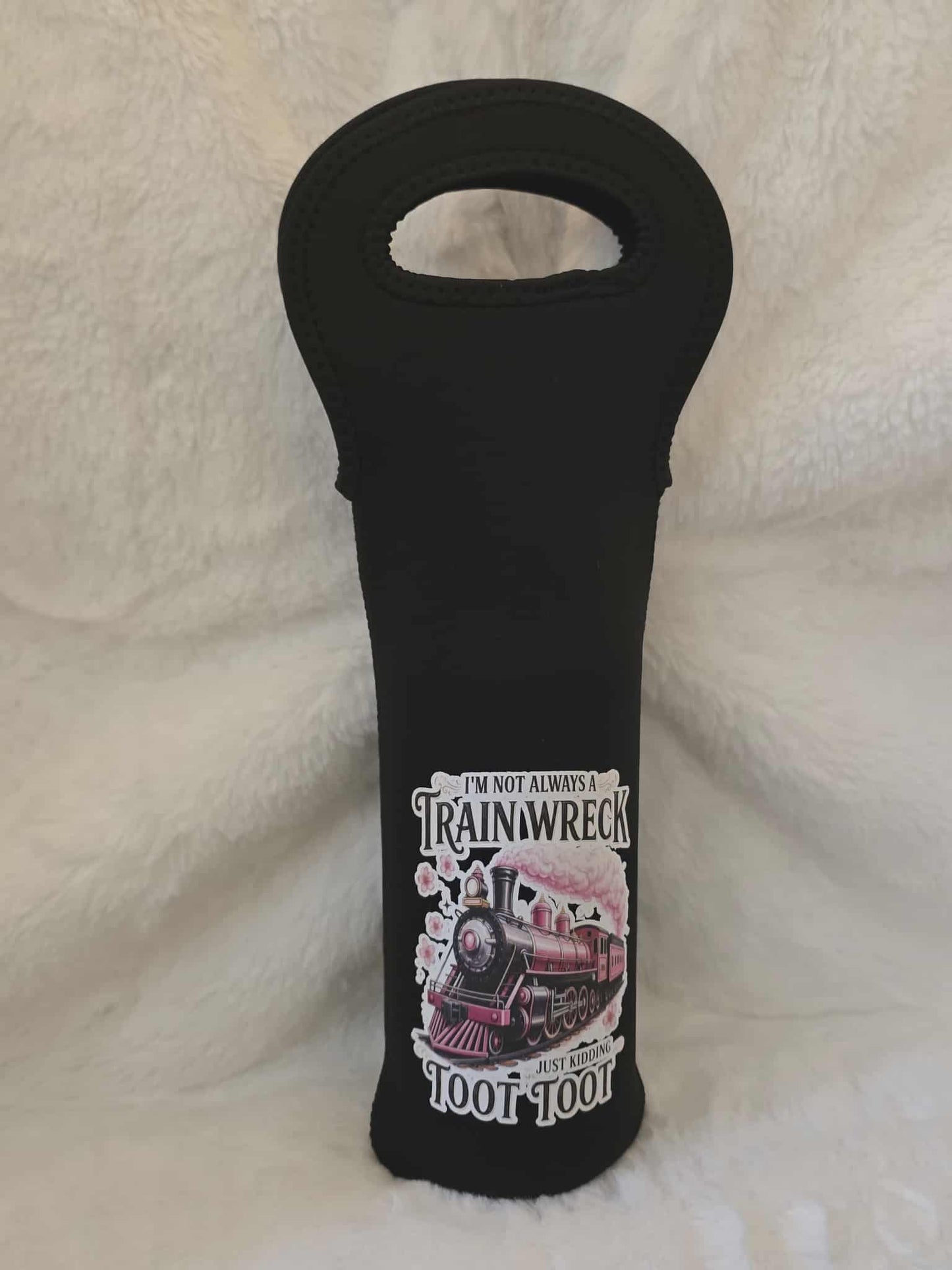 Black bottle holder with train design and text on a white background