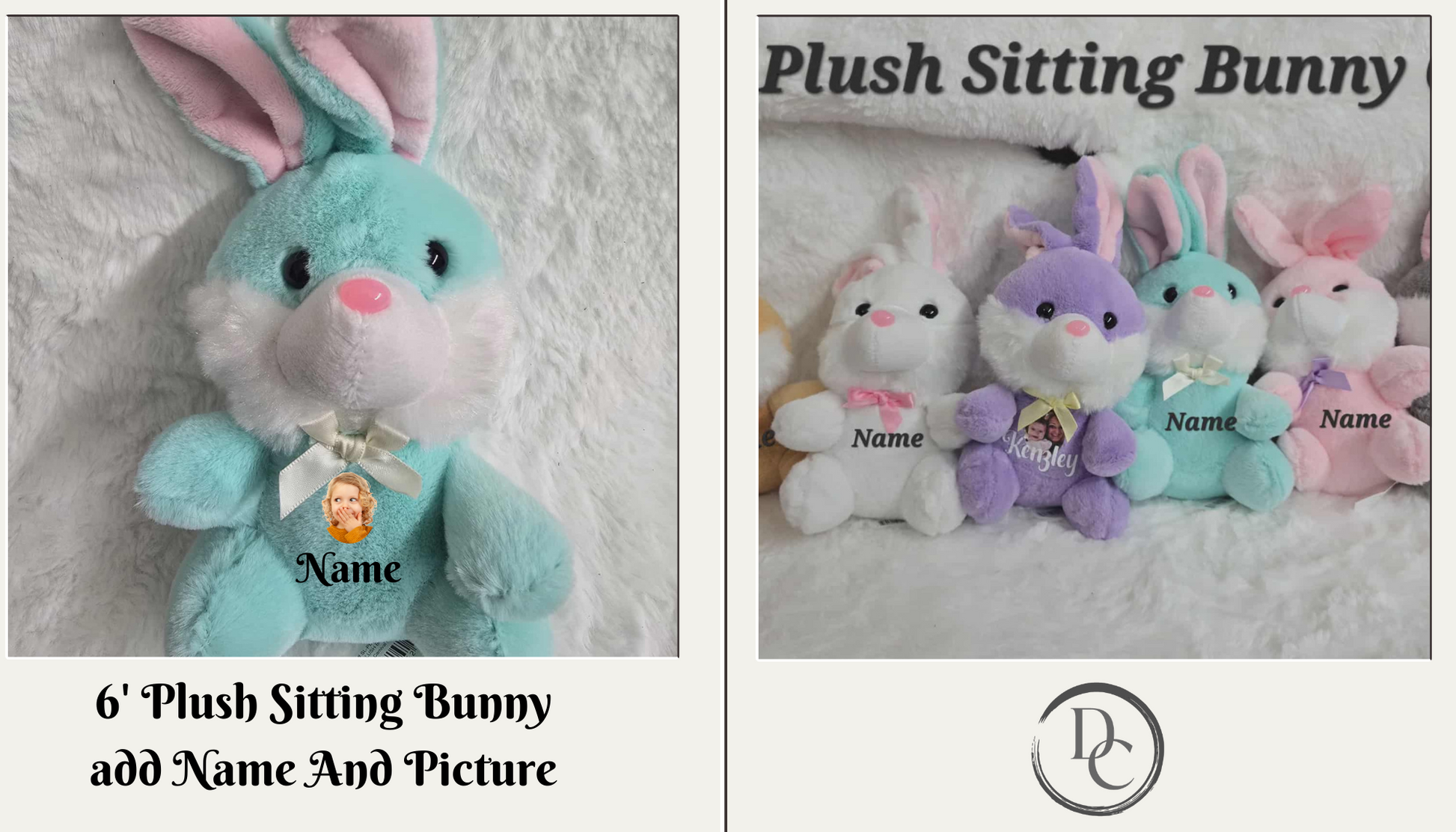Plush sitting bunny with customizable name and picture on a white background