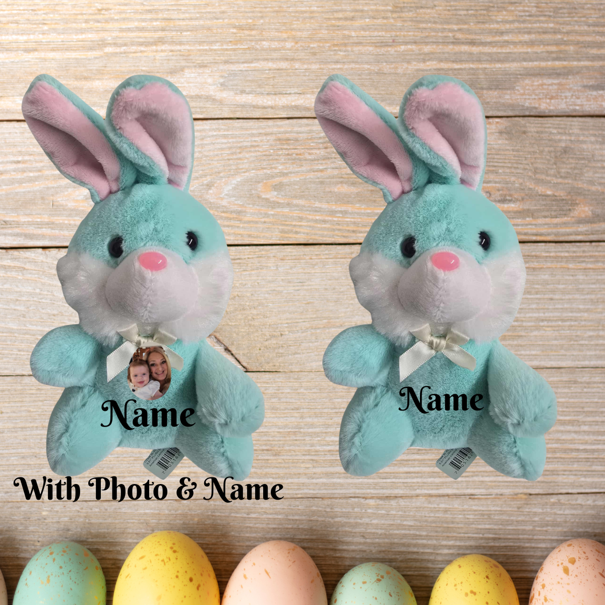 turquoise plush bunnies with pink ears on a wooden surface, surrounded by colorful Easter eggs.