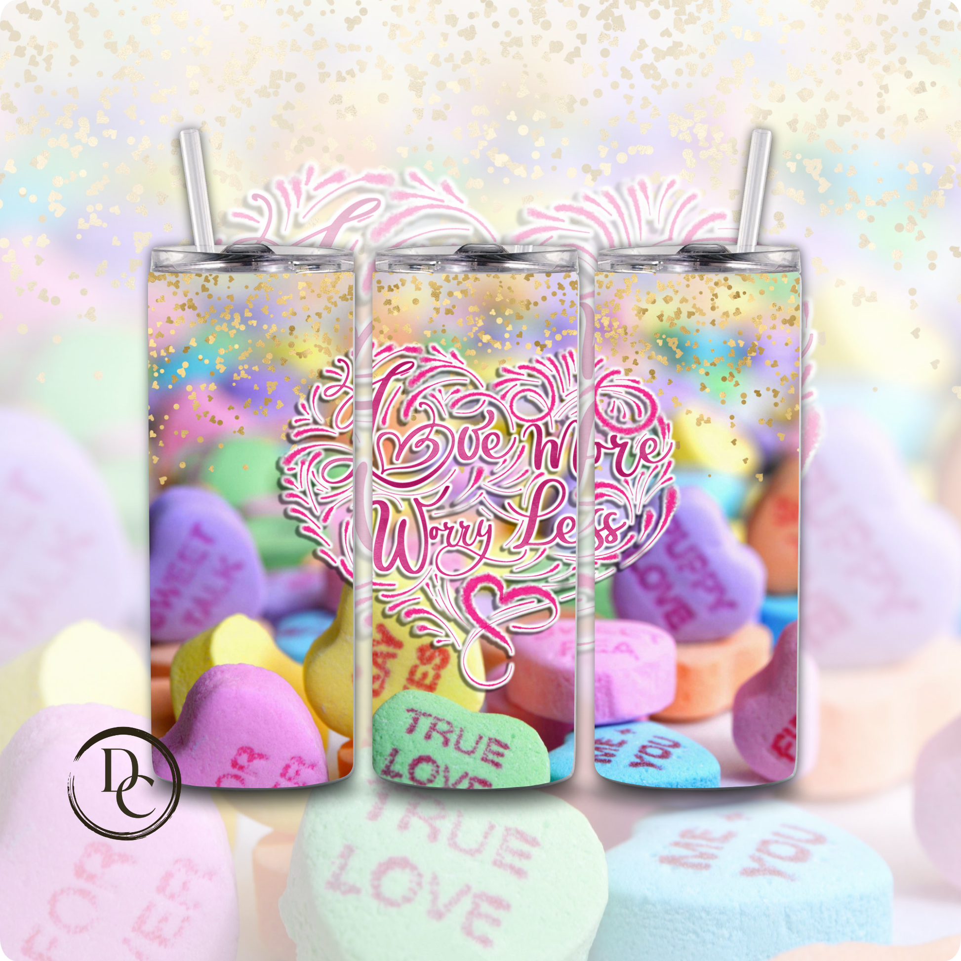 Love more worry Less Cany Heart 20 oz Custom Tumbler water Bottle