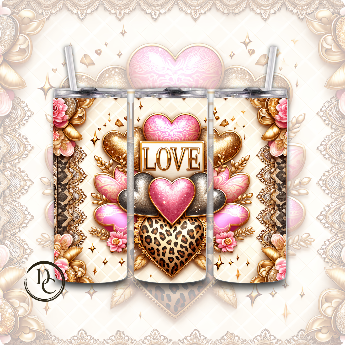 Love Hearts Gold Valentines 20 oz Custom Tumbler Water Bottle