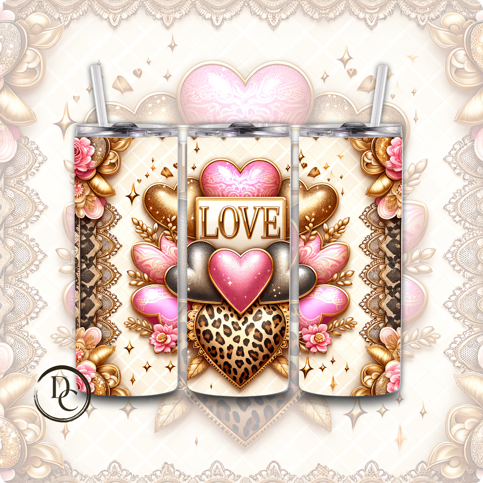 Love Hearts Gold Valentines 20 oz Custom Tumbler Water Bottle