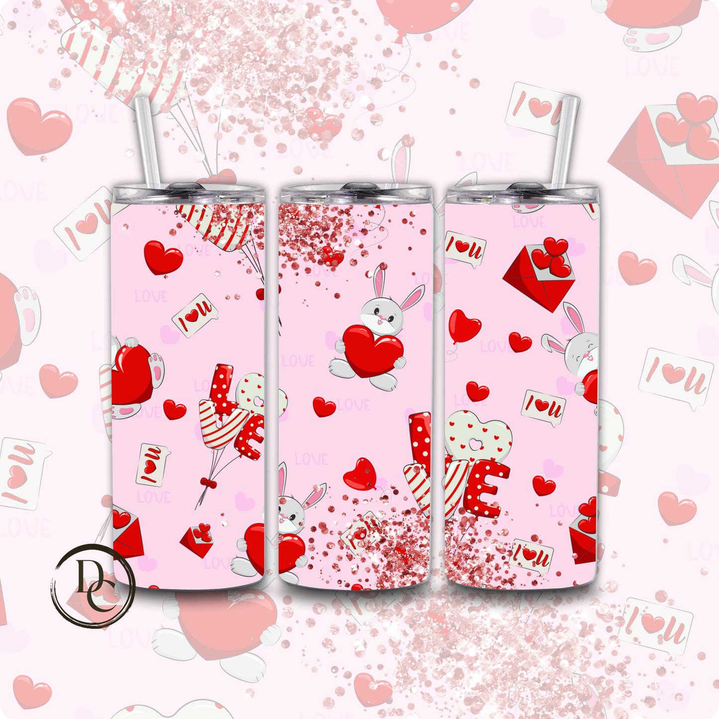 Pink Bunny Heart Love Valentines 20 oz Custom Tumbler Water Bottle