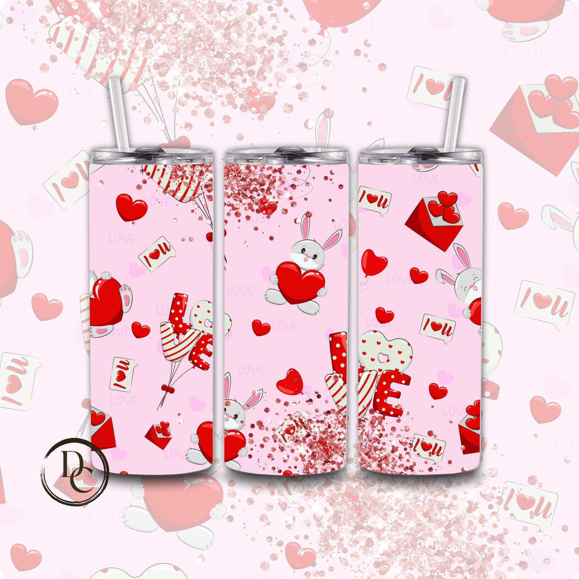 Pink Bunny Heart Love Valentines 20 oz Custom Tumbler Water Bottle