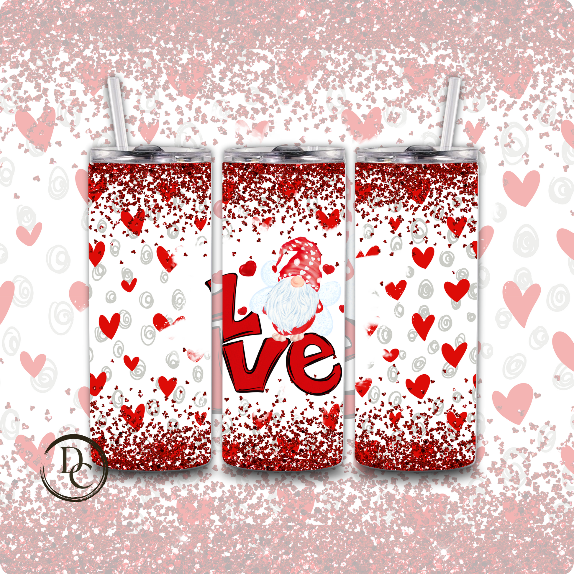 Love Gnome Hearts Glitter Valentines 20 oz Custom Tumbler Water Bottle