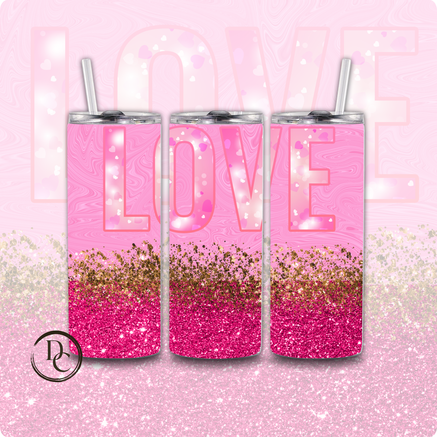 Love Pink Gold Glitter Valentines 20 oz Custom Tumbler Water Bottle