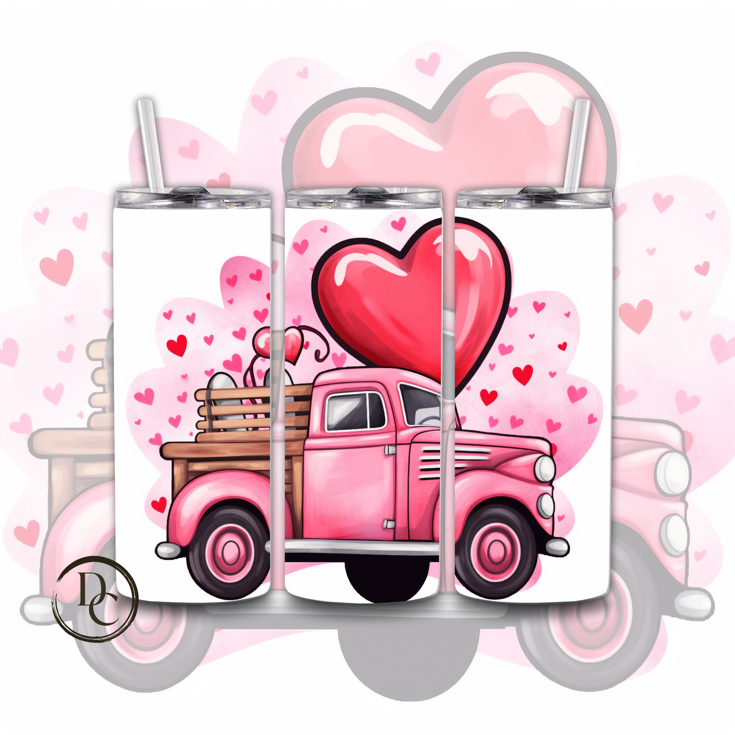 Pink Truck Hearts Valentines 20 oz Custom Tumbler Water Bottle
