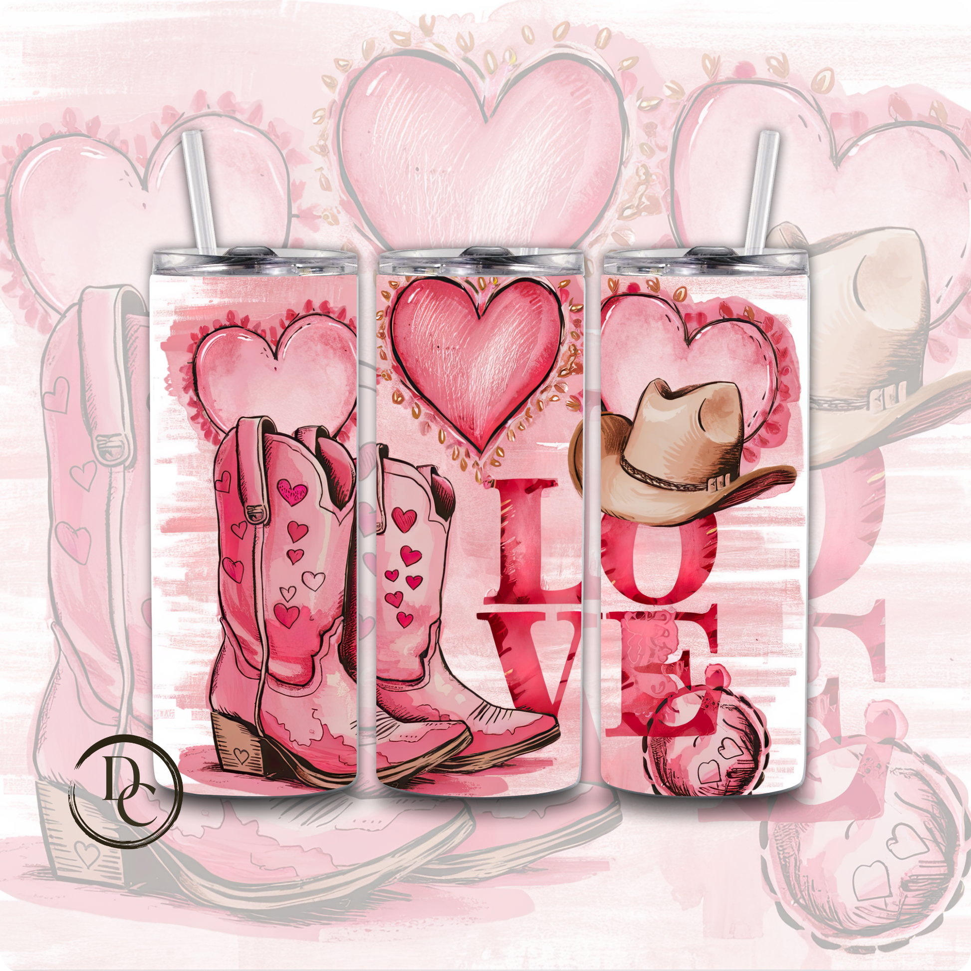 Pink Boots Love Cowboy Hat Valentines 20 oz Custom Tumbler Water Bottle