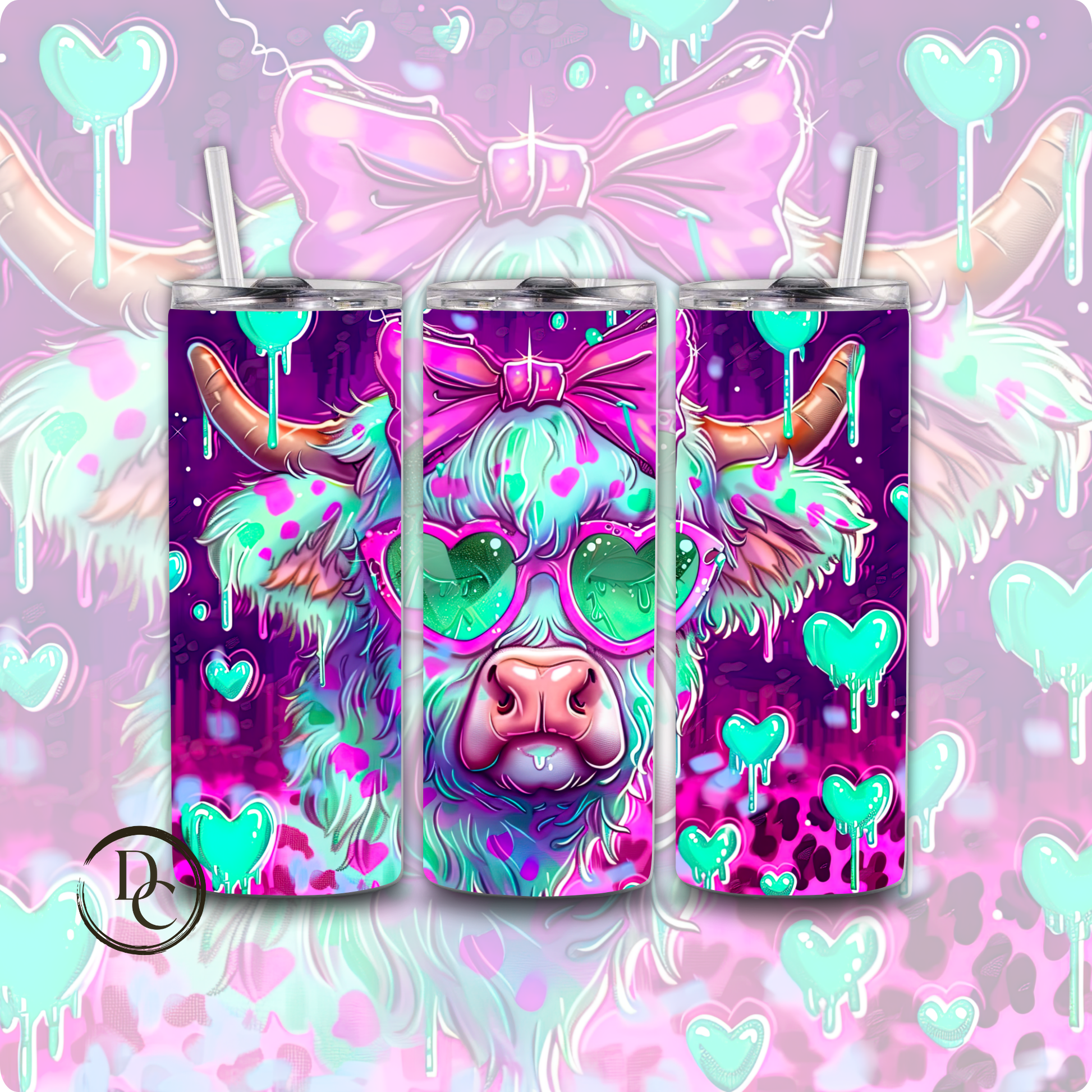 Highland Cow Noen Heart Valentines 20 oz Custom Tumbler Water Bottle
