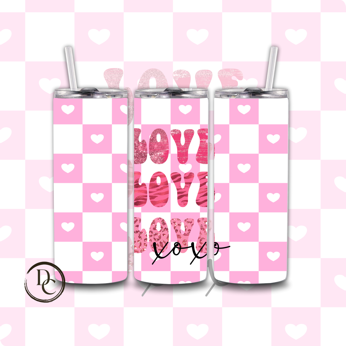 Pink and White Checkerboard Love Heart Xoxo 20 oz Custom Tumbler