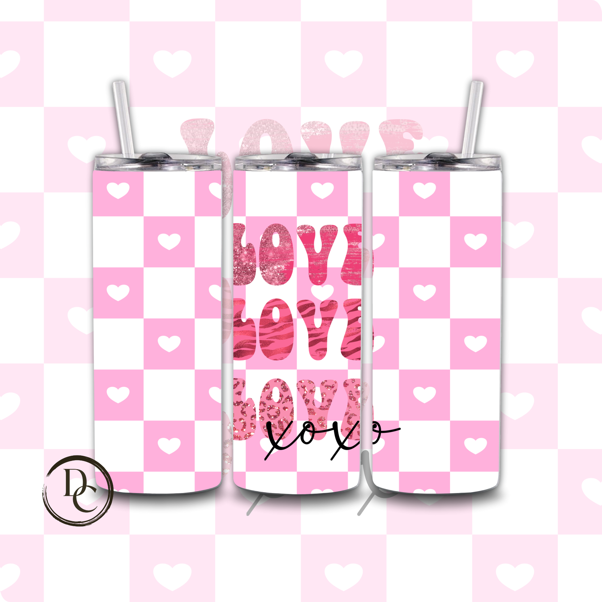Pink and White Checkerboard Love Heart Xoxo 20 oz Custom Tumbler