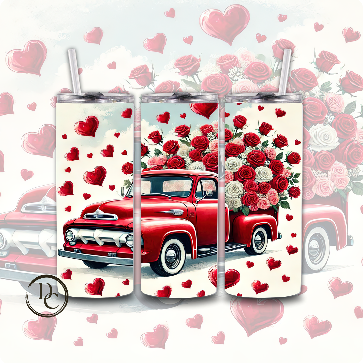 Red Truck Roses Hearts 20 oz Custom Tumber
