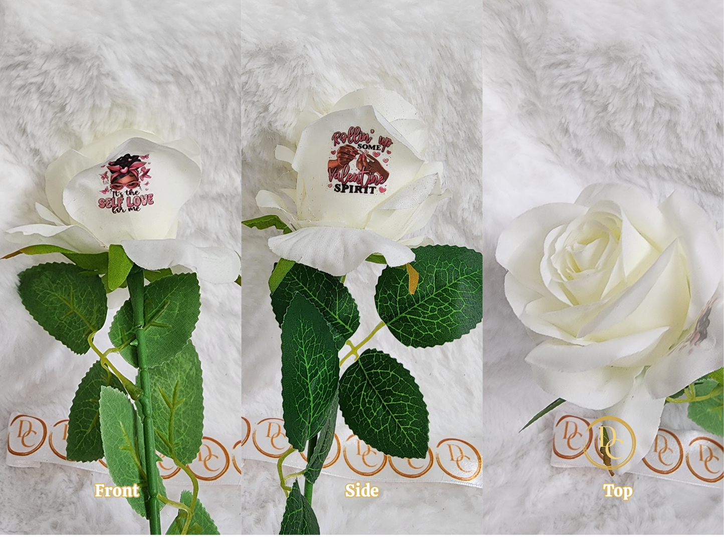 White rose with printed design on a textured white background