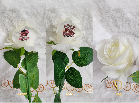 White rose with printed design on a textured white background