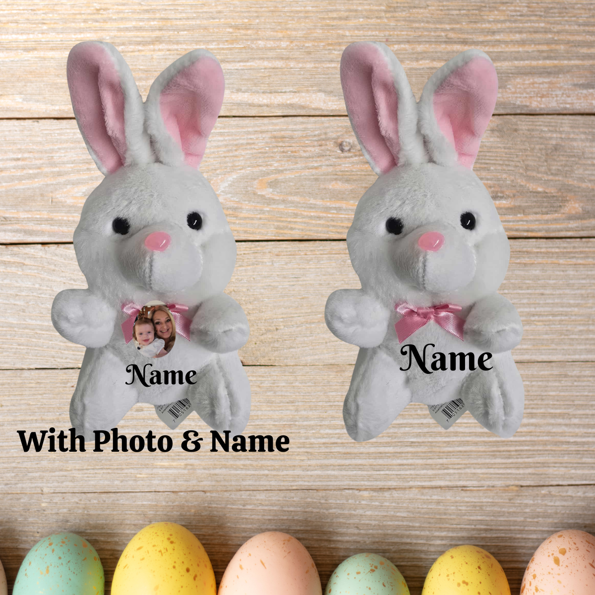 White plush bunny toys with customizable name and photo on a wooden background with Easter eggs.