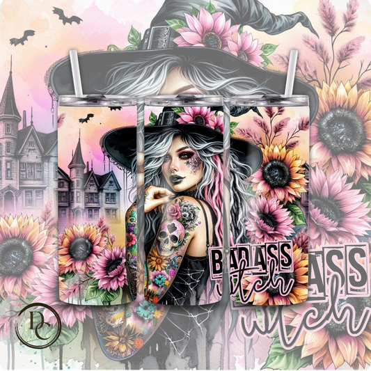 Badass Witch, Sunflower, Halloween 20 Oz Custom Sublimation Tumbler Stainless Steel 11