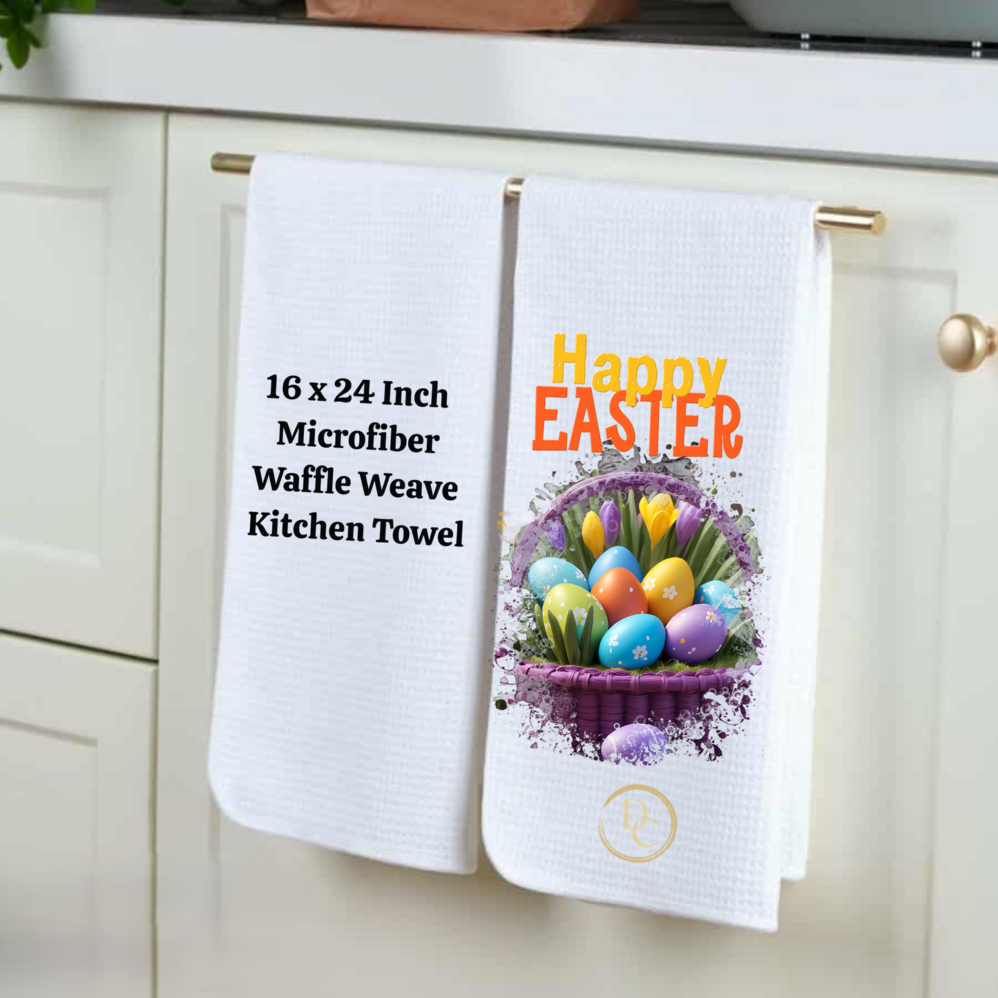 Easter-themed kitchen towel with colorful eggs and flowers hanging on a cabinet.