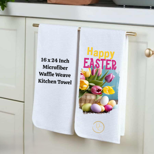 Happy Easter, yellow & purple Tulips, Easter Kitchen Towel Microfiber Waffle Weave