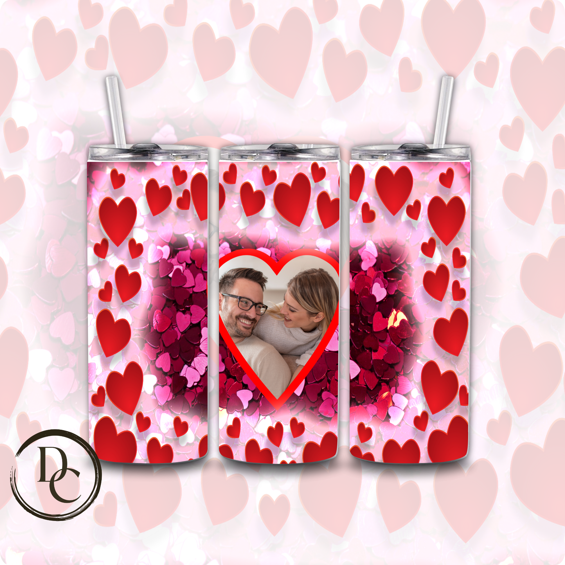 Tumbler with colorful heart pattern and a photo of a couple
